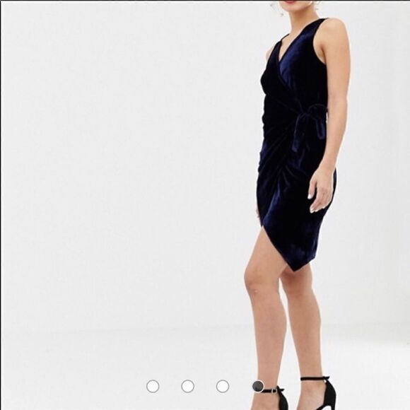 Parisian Navy Blue Velour Side Tie Wrap Dress - Picture 3 of 15